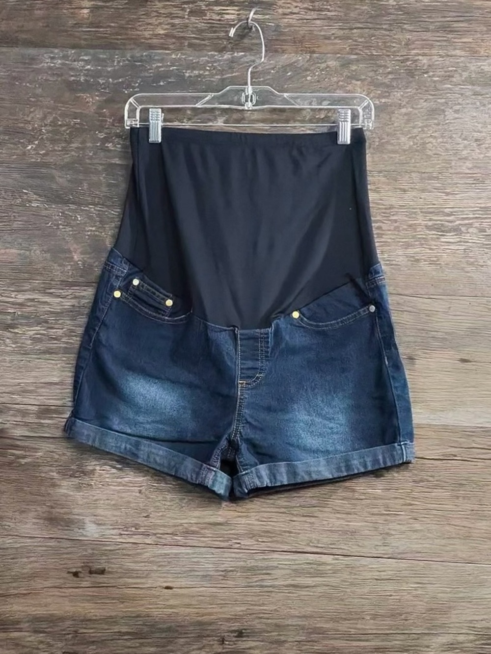 Times Two Maternity High-Rise Dark Blue Jean Shorts with Support Panel